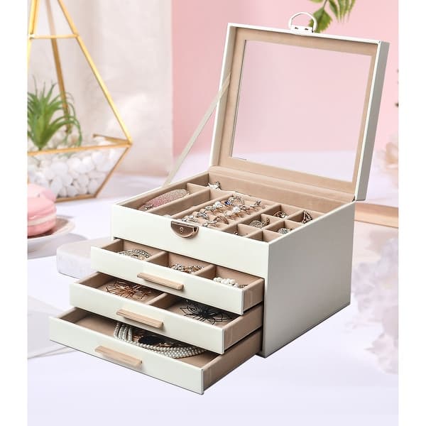 modern jewelry dresser Tribesigns 6 Drawer Dresser with Jewelry Display Storage, Modern White 55" Chest of Dresser with Glass Top, Wood Double Dresser Storage Organizer for Bedroom, Closet, Cloakroom, Living Room
