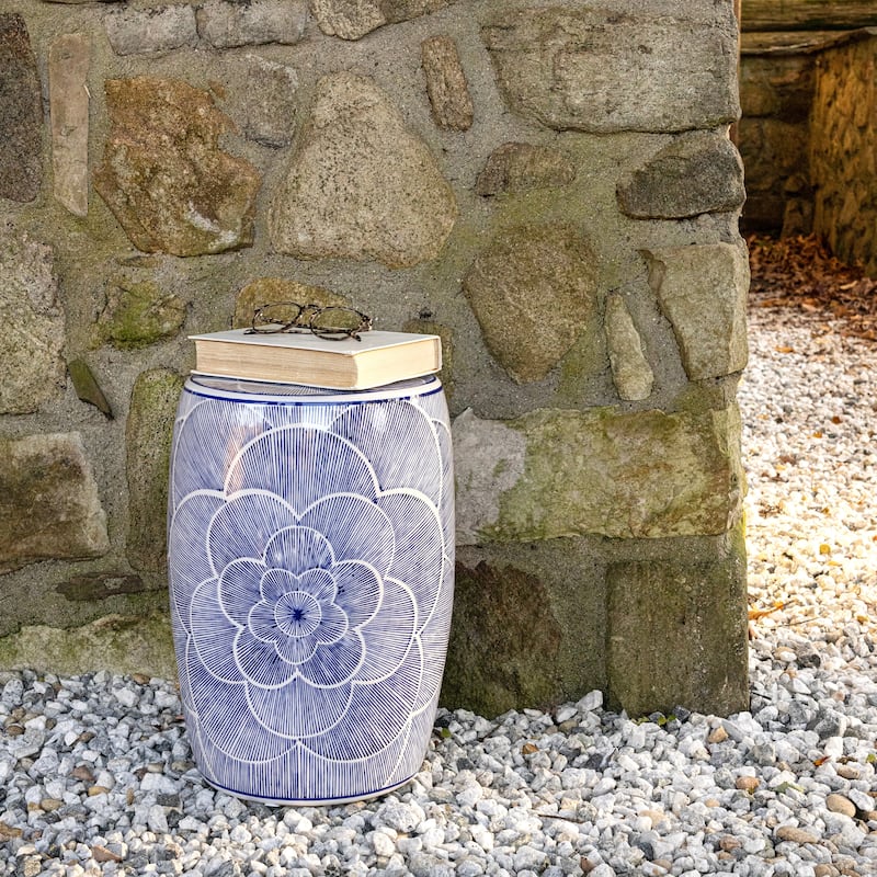 Camellia 17" Ceramic Drum Garden Stool, Blue by JONATHAN Y