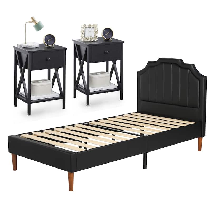 Taomika 3-Pieces Faux Leather Upholstered Platform Bed and Nightstands Sets
