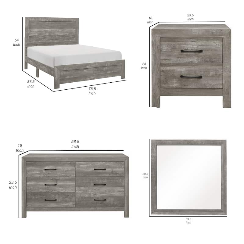 Ko Four Piece California King Size Bedroom Set, Panel Detailings, Black Metal Handles, Rustic Gray