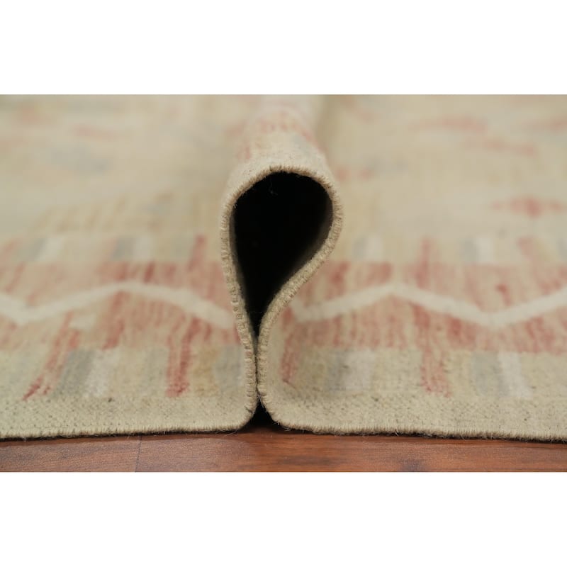 Hand Woven Oriental 100% Wool Carpet Southwestern Tribal Beige & Ivories Kilim Area Rug - 9' 8'' X 6' 8''