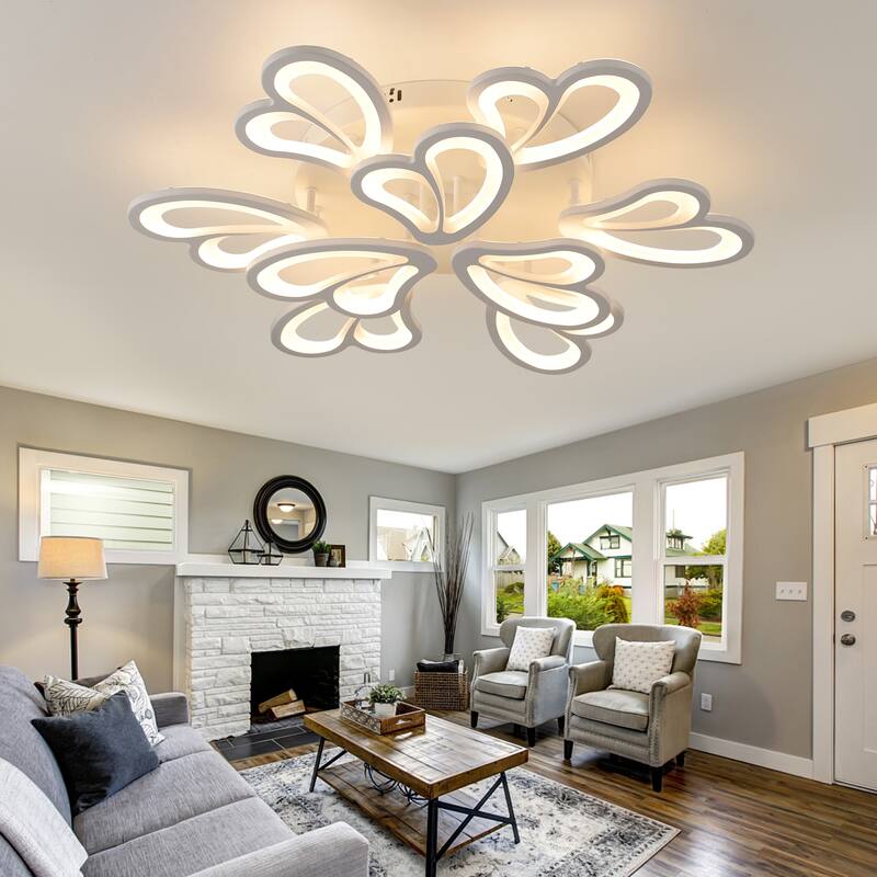 Indoor Modern Dimmable LED Semi-Flush Mount Ceiling Light Fixture with Remote and Creative Flower Lampshade
