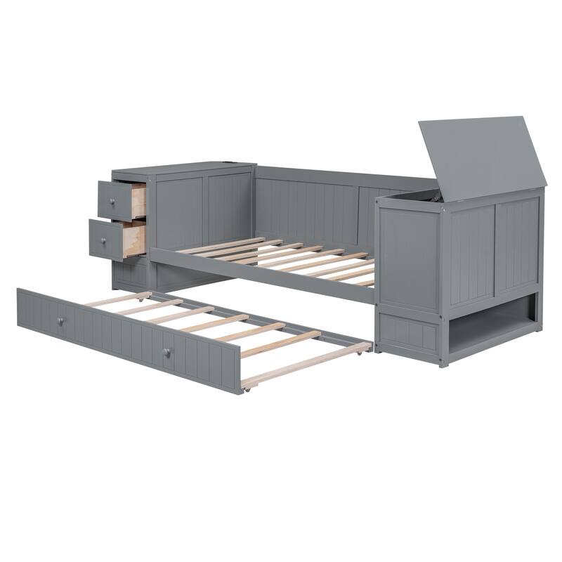 Twin Size Daybed with Storage, Trundle, and Charging Station in Gray
