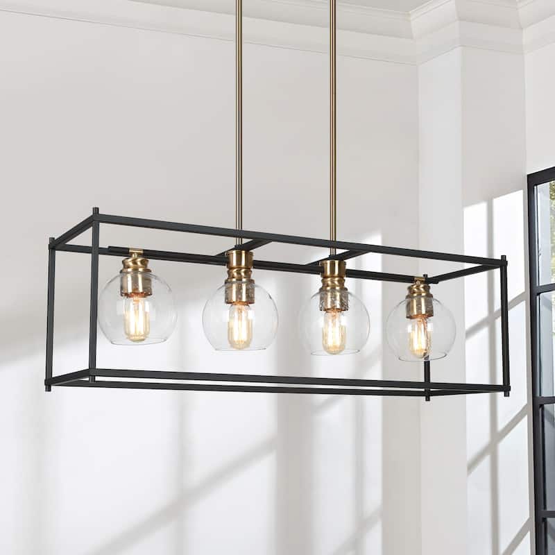 Iain Modern 4-Light Black Gold Chandelier Metal With Seeded Glass Shades Rectangle Kitchen Island Lights for Dining Room