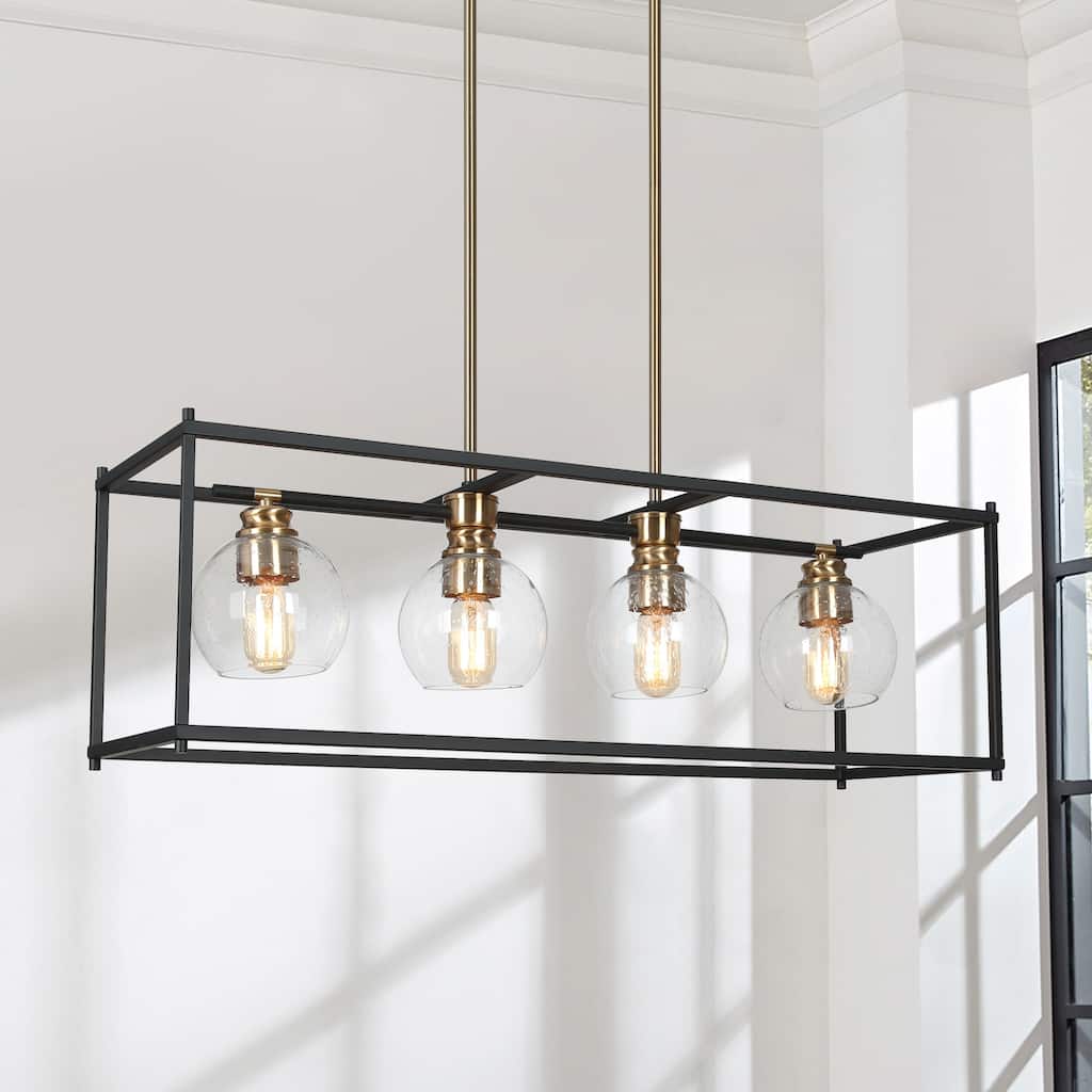 Iain Modern 4-Light Black Gold Chandelier Metal With Seeded Glass Shades Rectangle Kitchen Island Lights for Dining Room
