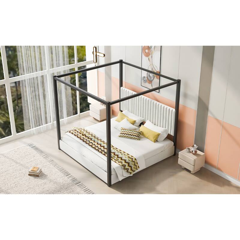 Roomfitters King Canopy Platform Bed with Velvet Upholstered Headboard, Metal Frame