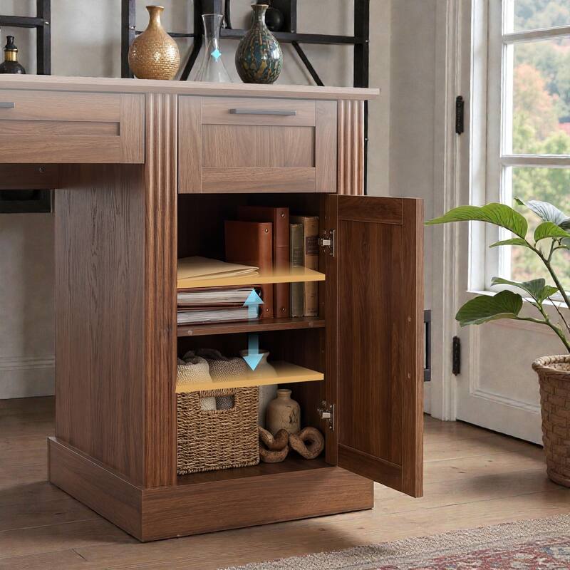 55 Inch Farmhouse Office Desk with Storage Cabinet and Charging Station, Barn Door Computer Desk with Monitor Stand