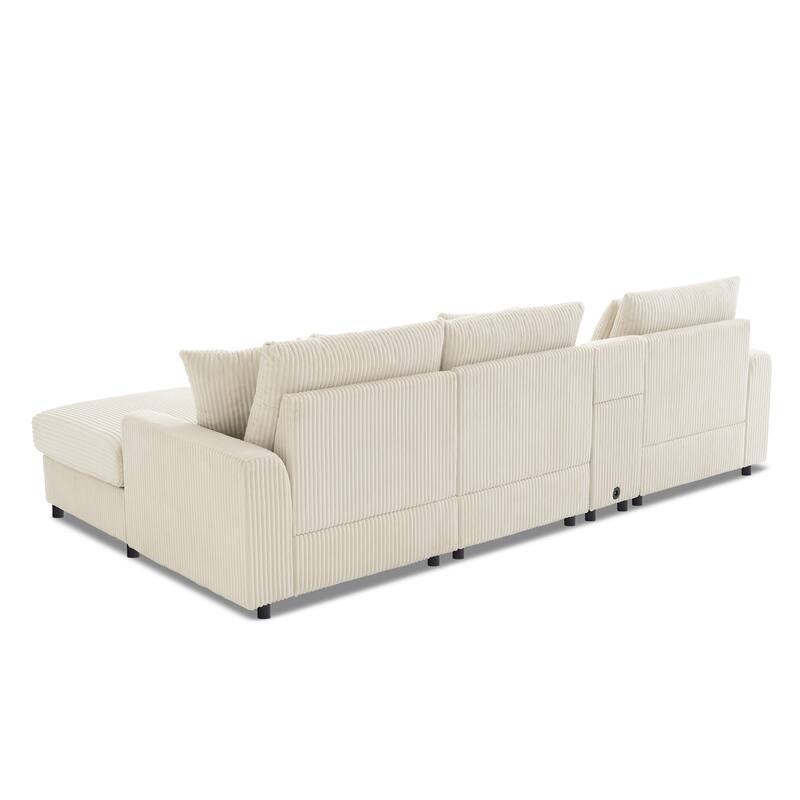 Corduroy Sectional Sofa With Bluetooth Speakers,L Shaped Couch With Console,Usb Charger,Cup Holders,Storage,Ottoman