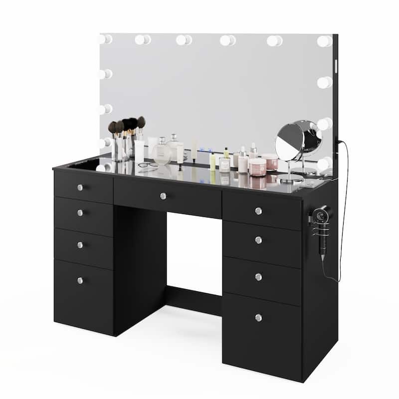 Boahaus Premium Makeup Vanity Desk Full-Width LED Mirror, Bluetooth Speakers 11 Drawers