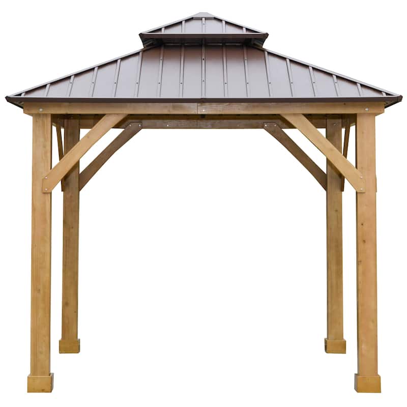 Outsunny 10' x 10' Hardtop Gazebo Canopy Patio Shelter Outdoor with Solid Wood Frame, Steel Double Tier Roof, Brown