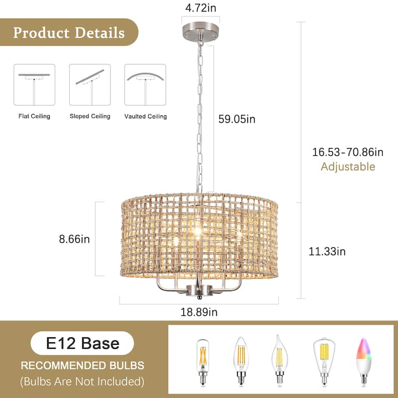 5-Light 18.89-inch Rattan Drum Chandelier for Living Room Kitchen