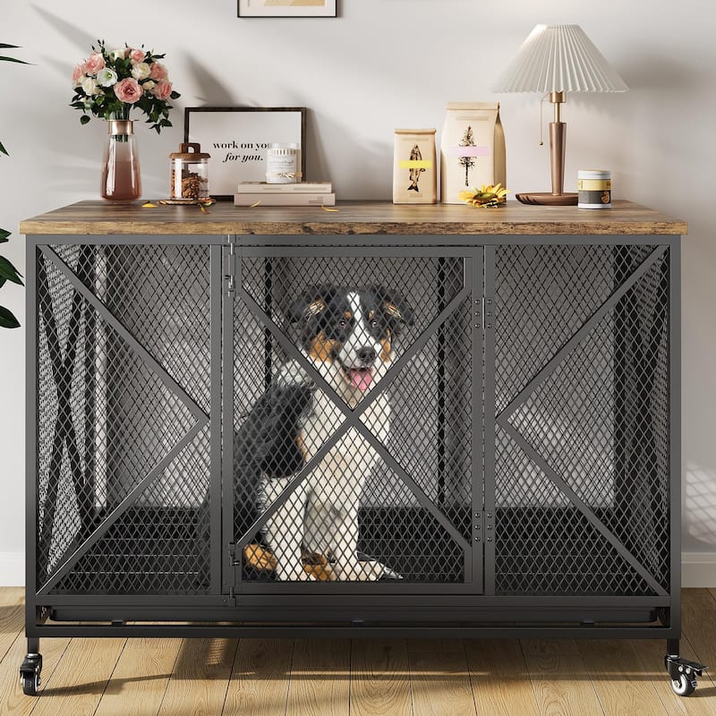 Dog Crate Furniture, Rolling 48 Inch Indoor Dog Crate with Potty Tray - Black