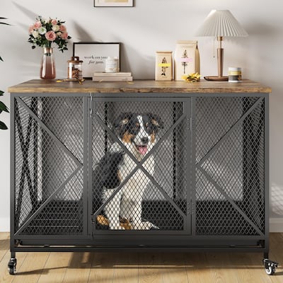 Dog Crate Furniture, Rolling 48 Inch Indoor Dog Crate with Potty Tray