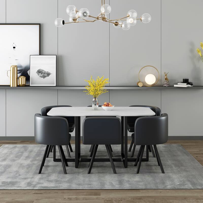 Modern Style 7-Piece Dining Set with Rectangular Marble-style Table and 6 Upholstered Dining Chairs