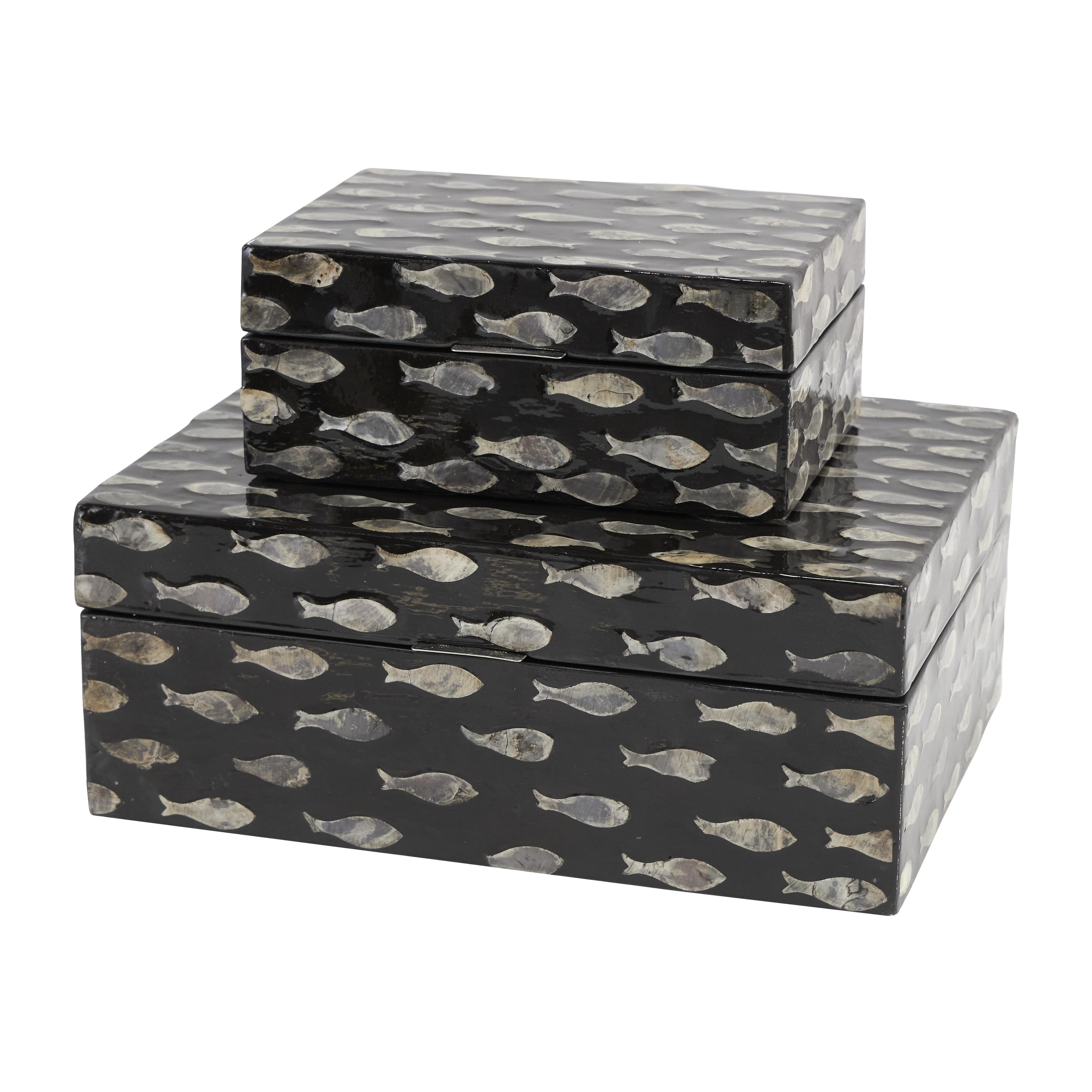 Roche River Decor - Mother of Pearl Shell Fish Box with Beige Accents - Set of 2 Black