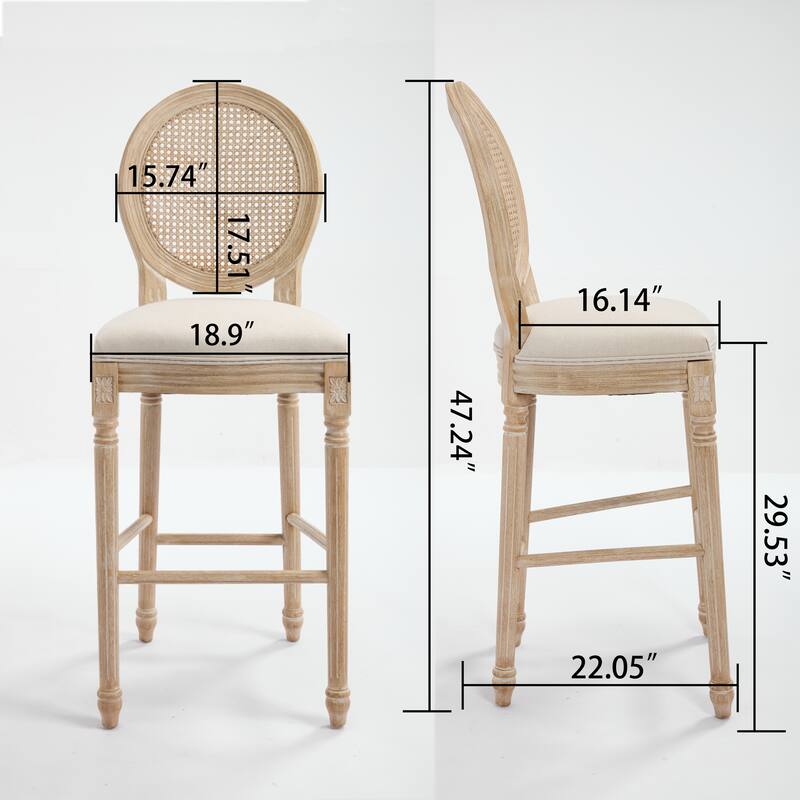 Dining Chairs Set of 2, Upholstered Chairs with Nature Rattan Round Back, Wire Drawing and Carving Techniques,Disassemblable