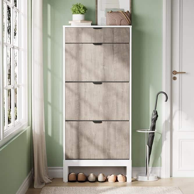 Shoe Storage Cabinet with 3 Flip Drawers, Fluted Shoe Organizer with Metal Legs