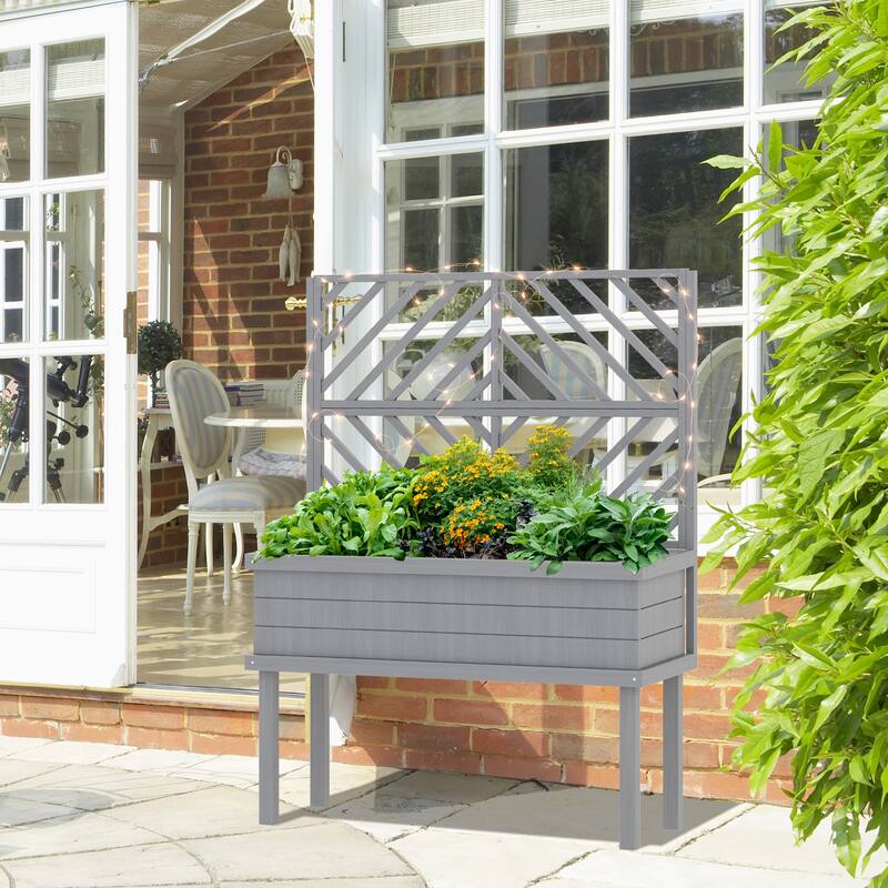 Outsunny Raised Garden Bed with Trellis for Climbing Plants, Vegetable, Grape Vines, Flowers, Wood Planter with Legs