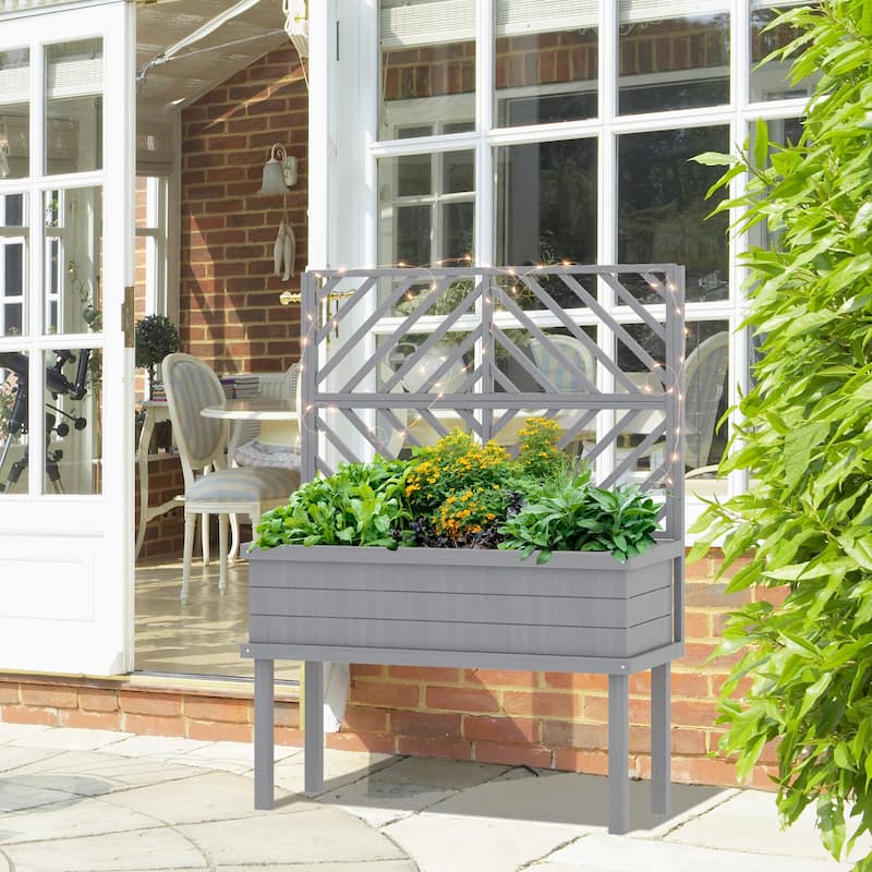 Fir Wood Raised Garden Bed with Back Trellis 41 Inch Elevated Planter for Climbing Plants - 41.25" W x 17.75" D x 55" H