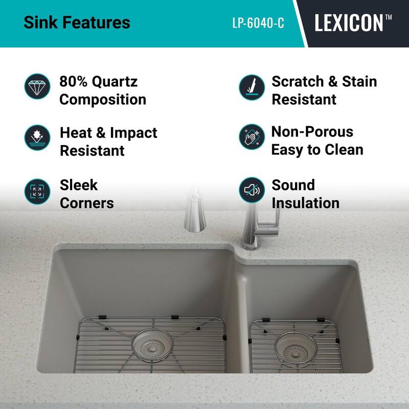 32"x19" Quartz Granite Kitchen Sink, 60/40 Double Bowl Drop-in/Undermount - 19x32