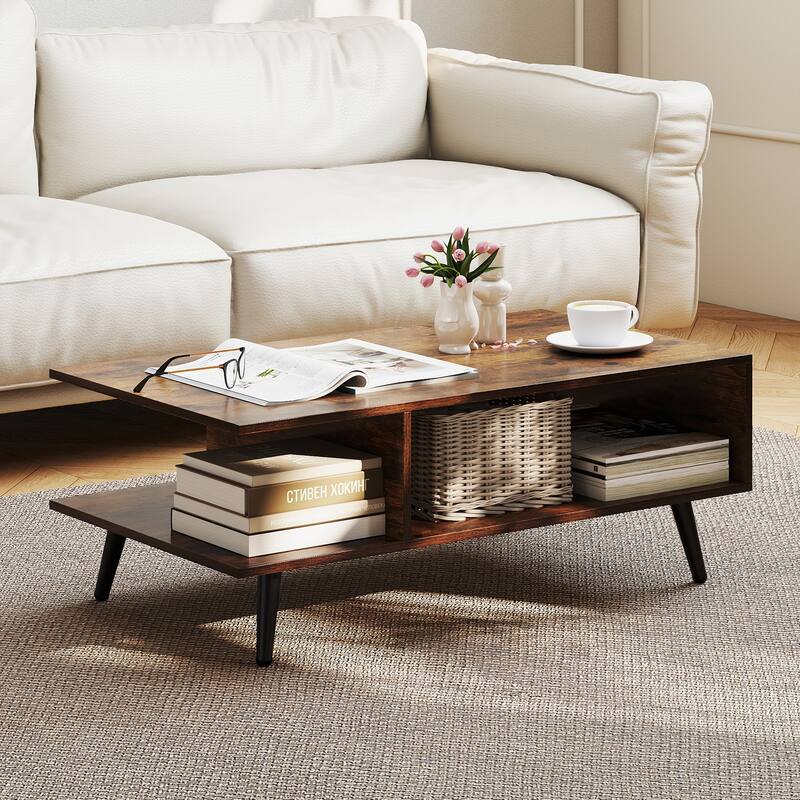 Modern 2-Tier Wood Coffee Table with Open Storage Shelf and 4 Metal Legs for Living Room - 31.5" x 18" x 12" - Brown