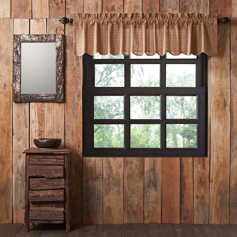 Tan Rustic Kitchen Curtains Valance Rod Pocket Cotton Plaid - 16x72