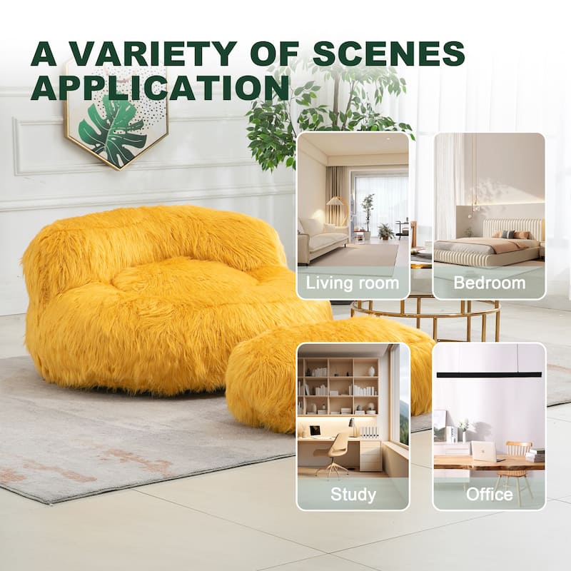 Plush Upholstered Round Comfort Lounger Bean Bag Chair with Ottoman
