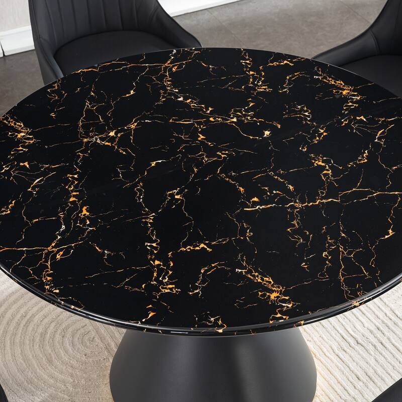 Marble Printed MDF Round Dining Table, Black Columnar Base with Gold Annulus(Not Including Chairs)
