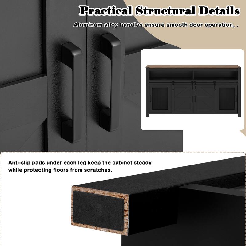 Sideboard Buffet Cabinet with Sliding Barn Doors & Open Shelf, Coffee Bar Storage Cabinet with Mesh Doors & Adjustable Shelf