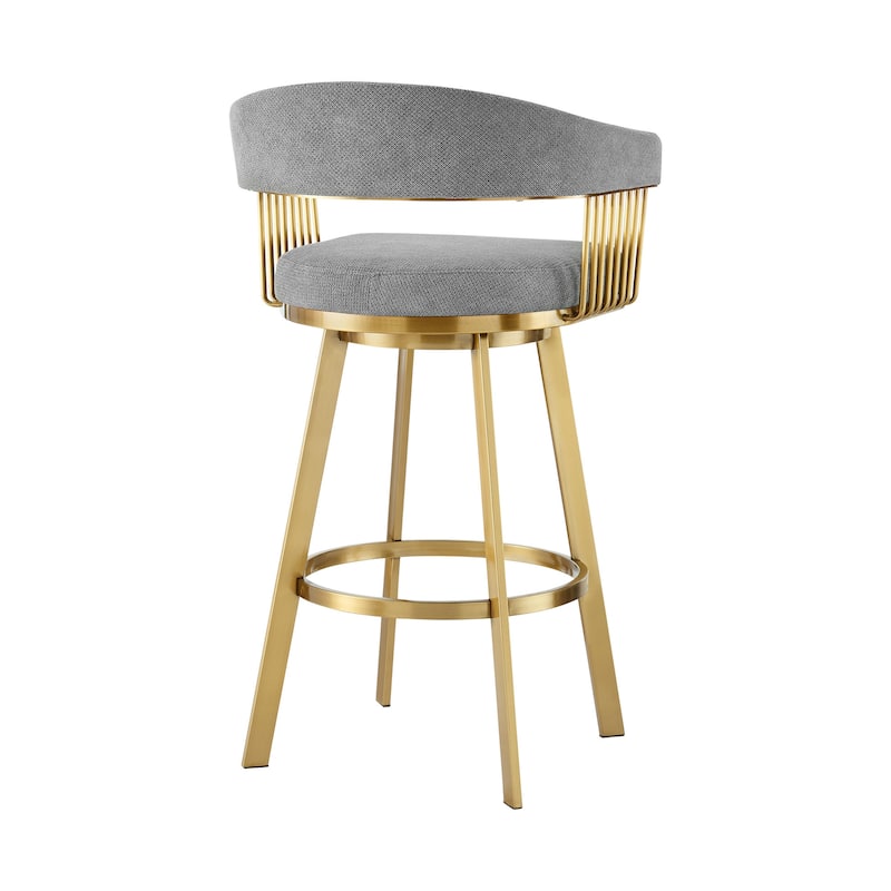 HomeRoots 30" Gray and Gold Fabric and Stainless Steel Low Back Bar Height Swivel Bar Chair