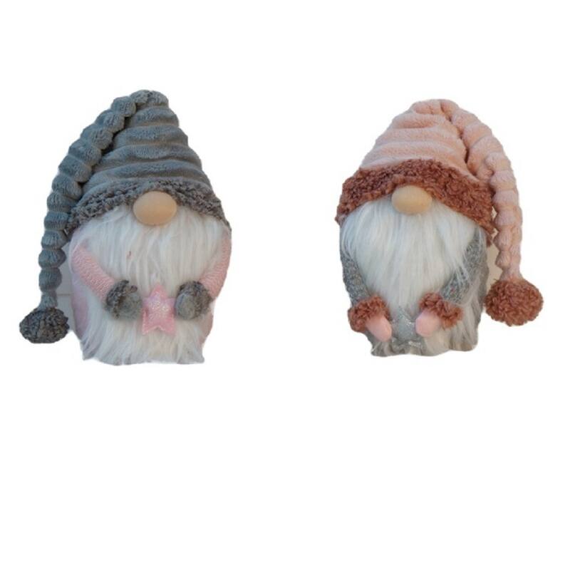 Set Of Two 11" Grey And Pink Fabric Christmas Gnome