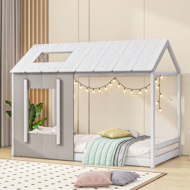 Twin Size House Platform Bed with Roof and Window - White
