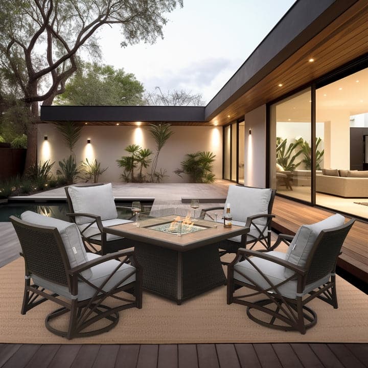 Elio 5 PC Propane Fire Pit Table Set for Patio (50,000 BTU) - Brown/Grey