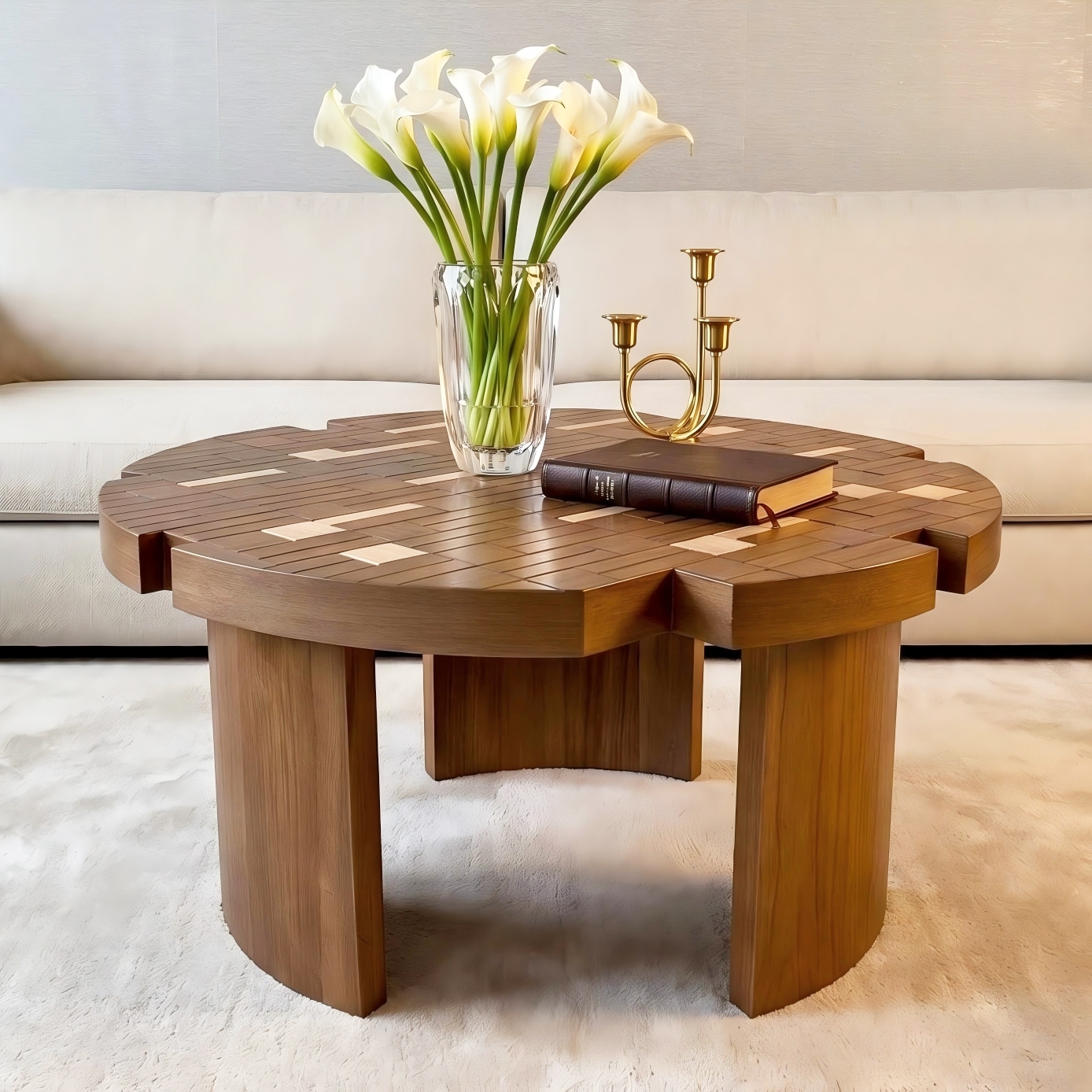 31.5"Mid Century Unique Round End Table, Wood Veneer Covered MDF Structure Living Room ,Farmhouse Coffee Table, Walnut