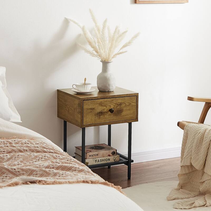 Industrial Nightstand with Drawer and Mesh Shelf