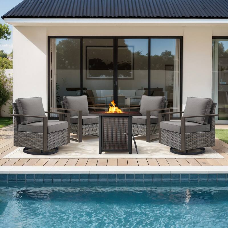 Meyreso 5-Piece Wicker Patio Conversation Set with Metal Fire Pit & Plush 4.5" Olefin Cushions
