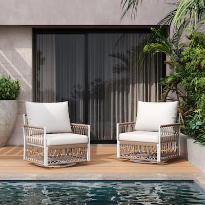 [Set Of 2] 360° Swivel Bohemian-Style Outdoor Lounge Chairs With Handwoven Rope, Powder-Coated Steel Frame .