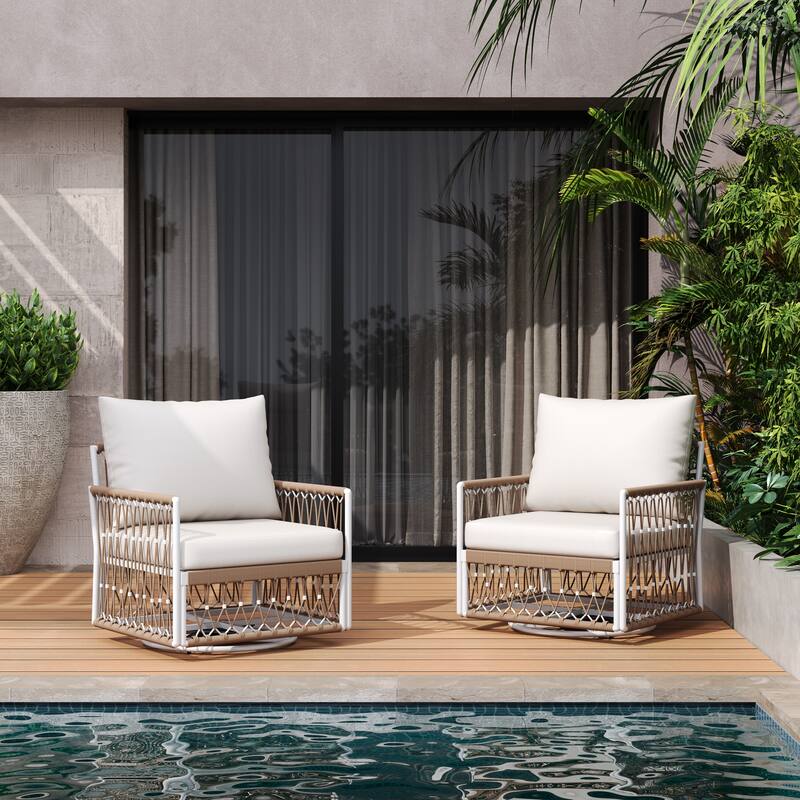Bohemian Swivel Chairs Set of 2, Patio Lounge Chairs with Cushions, Modern Woven Rope Armchairs for Backyard, Outdoor, Poolside