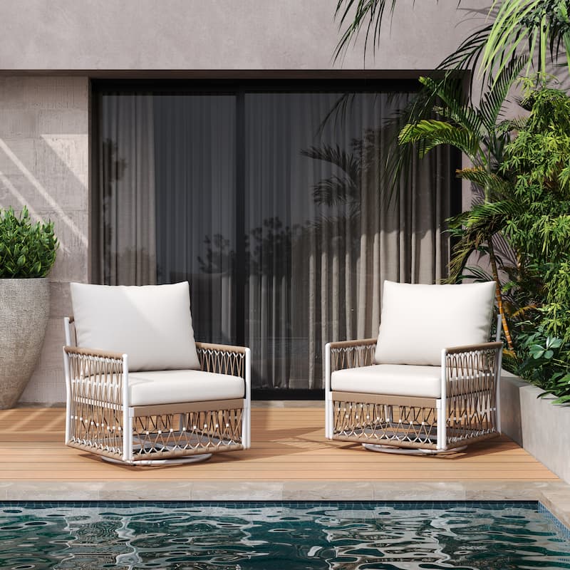Roomfitters Set of 2 Outdoor Swivel Lounge Chairs, 360° Wicker Patio Chairs with Handwoven Rope, Beige+Natural - Beige+Natural