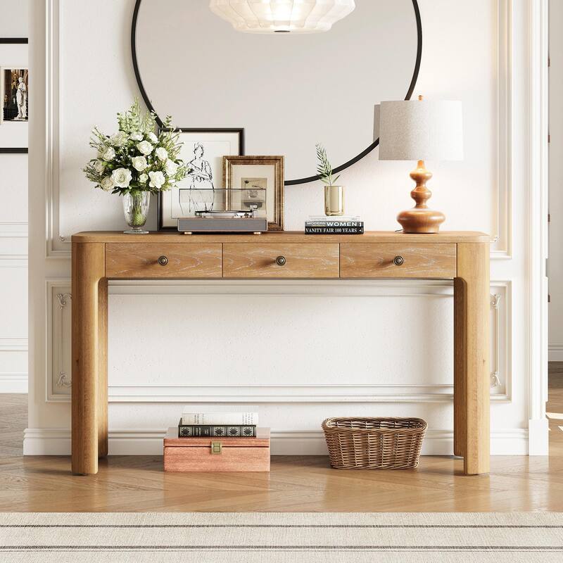 Rustic Console Table with Curved Corners for Safety - Entryway Table with 3 Concealed Drawers