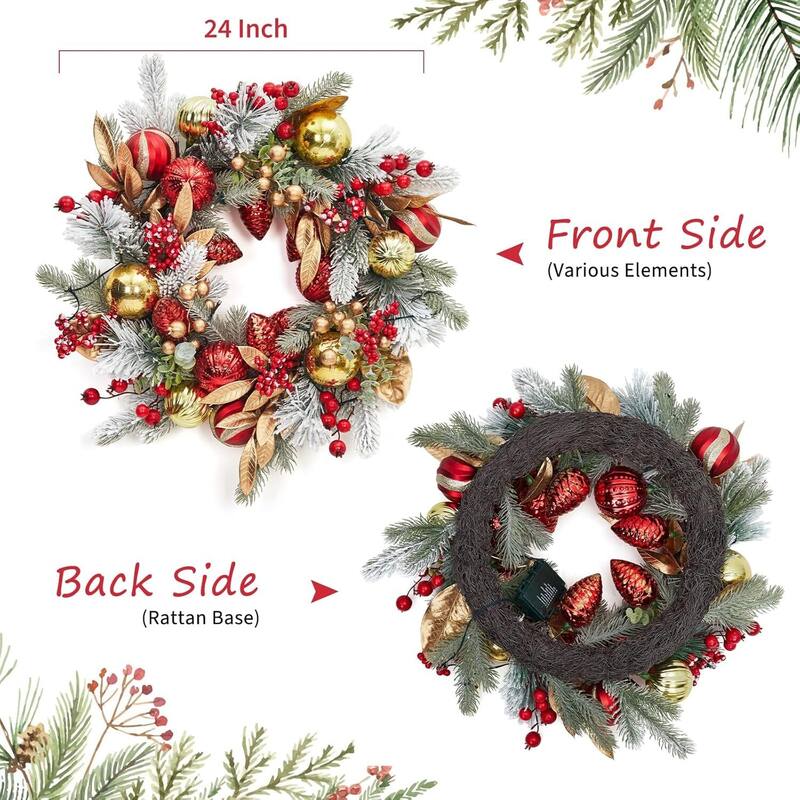 24 in Christmas Wreath with Lights, Snow Flocked Outdoor Christmas Wreaths for Front Door - N/A