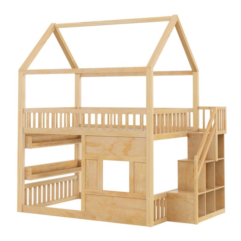 Roomfitters Full Size Wood House Loft Bed with Storage Stairs and Built-in Shelving, Modern Space-Saving Sleep Space