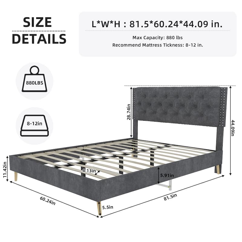 Modern Comfort Queen Size Velvet Upholstered Platform Bed, With Tufted Headboard