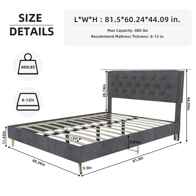 Suede Velvet Upholstered Bed Frame with Tufted Headboard, Soft Platform Bed for Master Bedroom