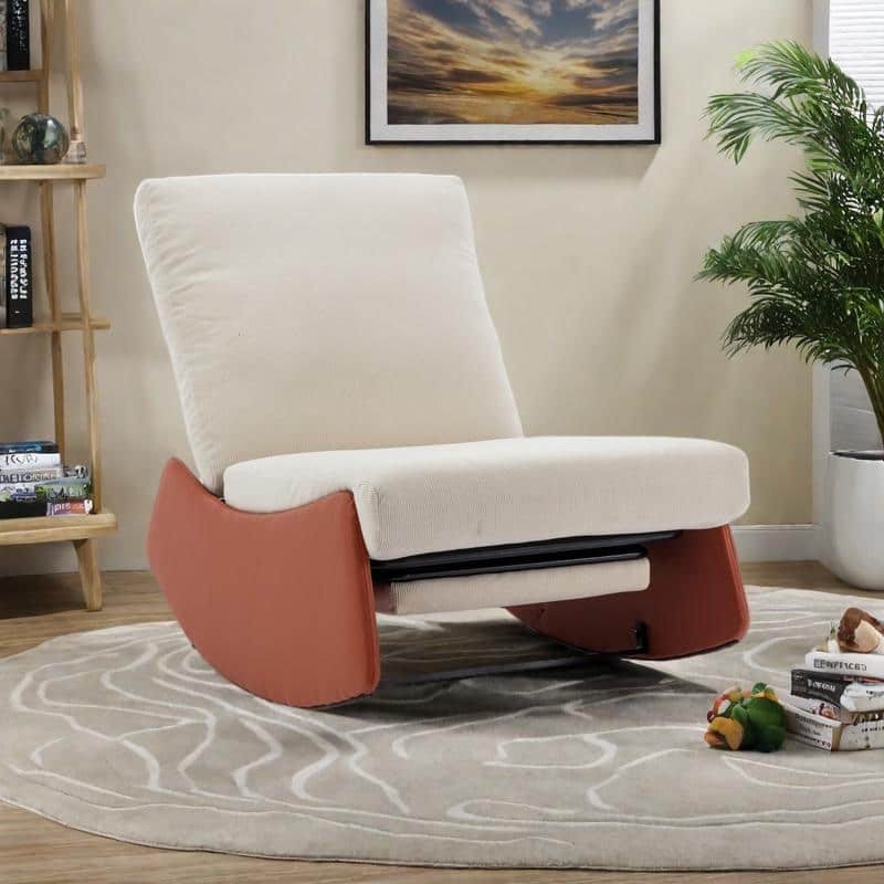Corduroy Rocking Recliner Chair with Adjustable Backrest and Ottoman - Orange、Beige