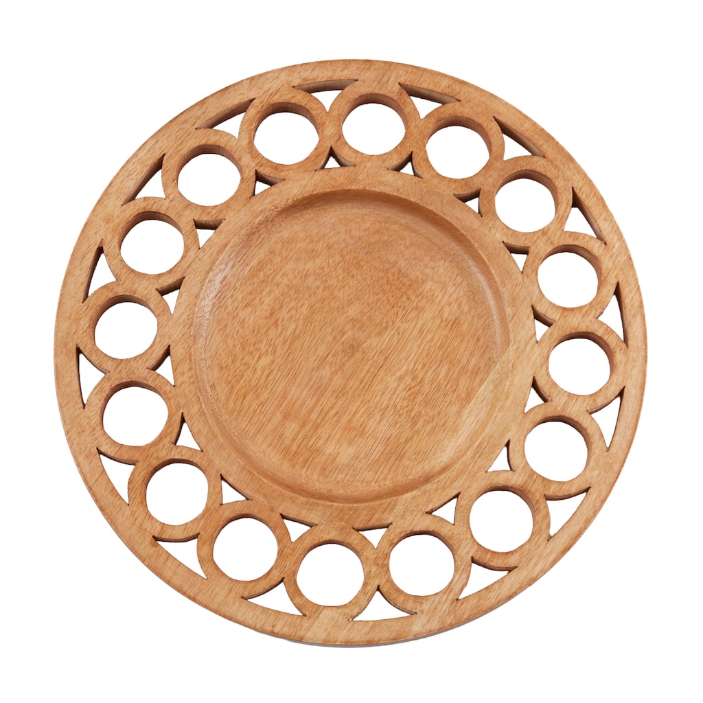 Carved Mango Wood Decorative Charger Plates (Set of 4) - Openwork Round Table Chargers for Dining & Entertaining, 13"