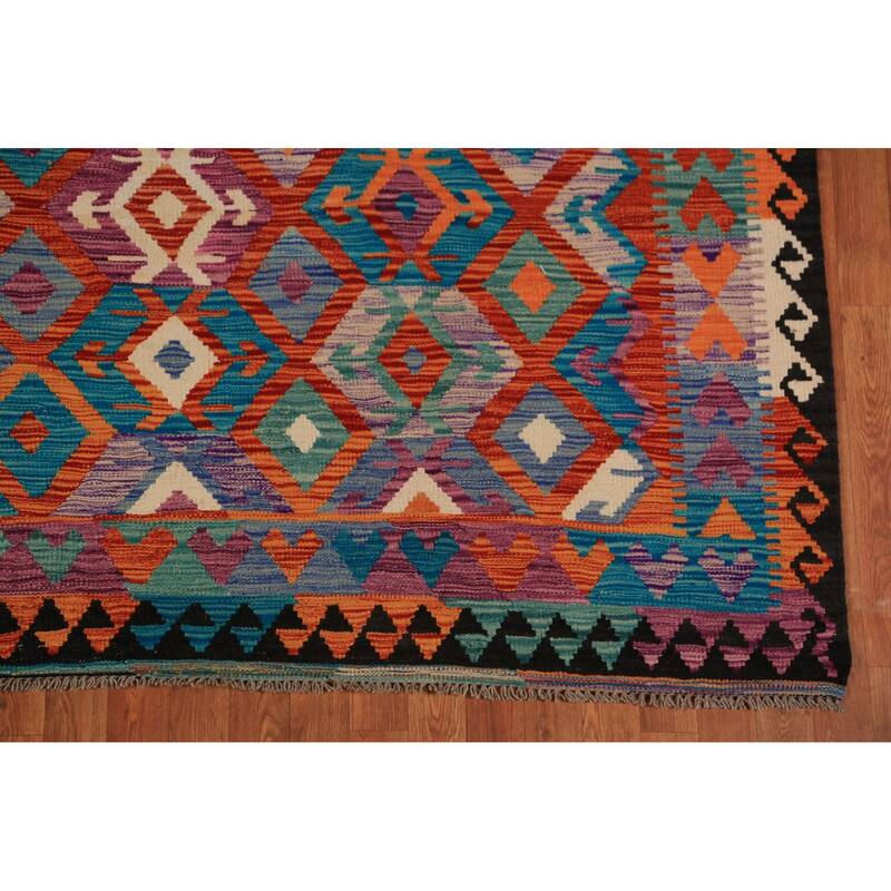 All-Over Geometric Kilim Oriental Area Rug Flatweave Wool Carpet - 8'4" x 9'8"