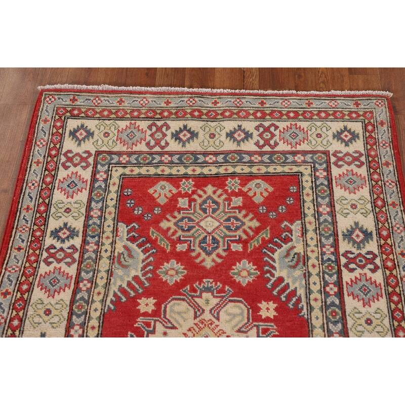 Geometric Kazak Accent Rug Handmade Red Wool Carpet - 3'2"x 5'0"