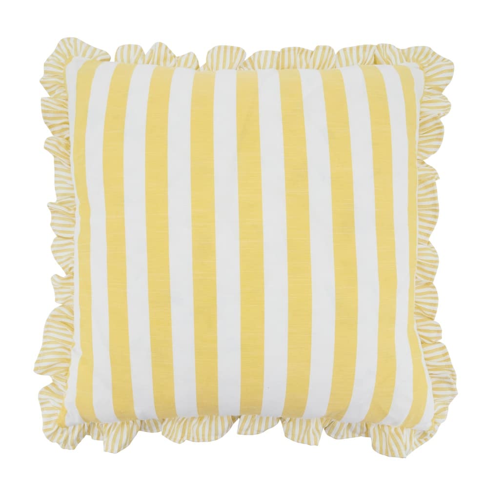 Striped Ruffle Edge Cotton-Blend Throw Pillow - Classic Cabana Stripe Design for Sofa, Bed & Accent Styling