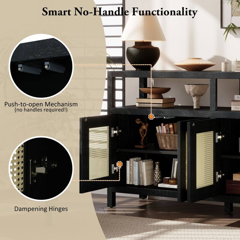 Rattan 4 Door Sideboard Cabinet, Large Wood Storage Cabinet, Console Table with Adjustable Shelves for Living & Dining Rooms